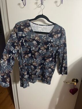 💜 Large Rebecca Malone Navy Floral Scoop Neck Long Sleeve Top